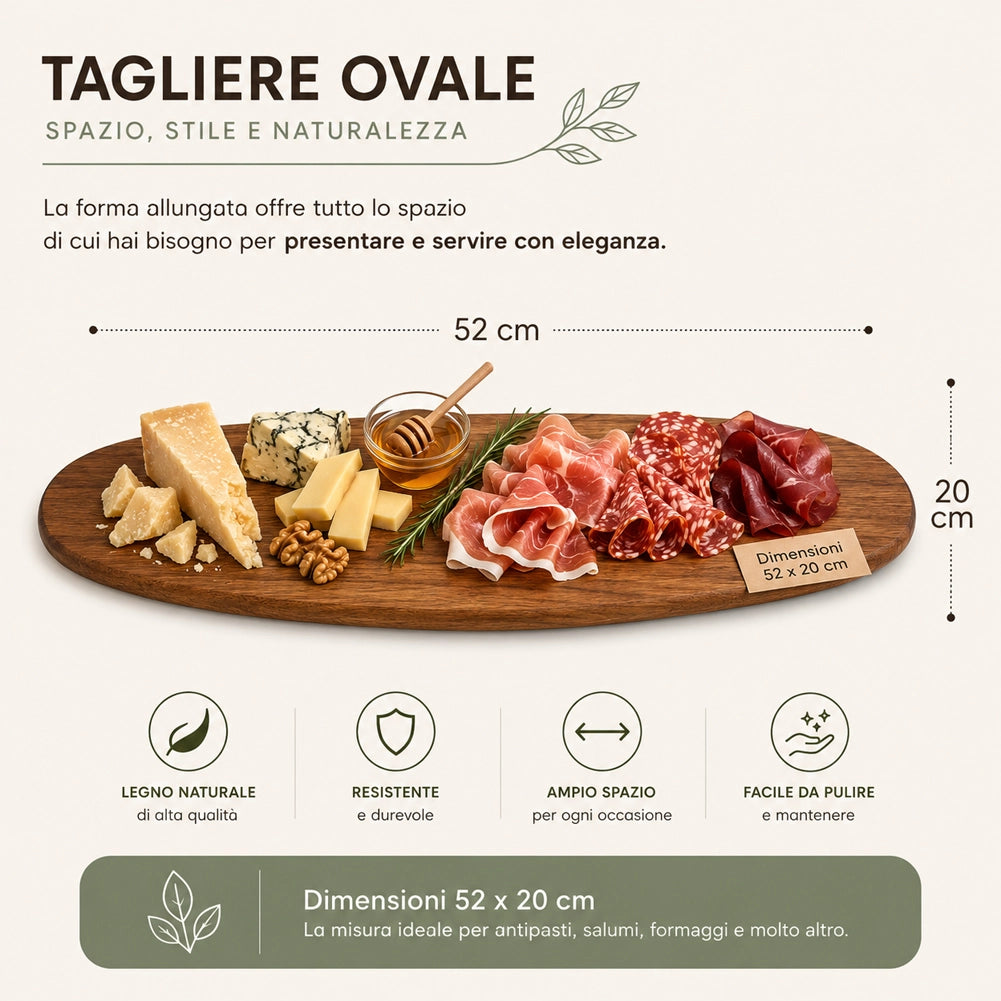 Vassoio Tagliere Ovale in Legno Portata per Aperitivi 52x20cm Accessori Tavola