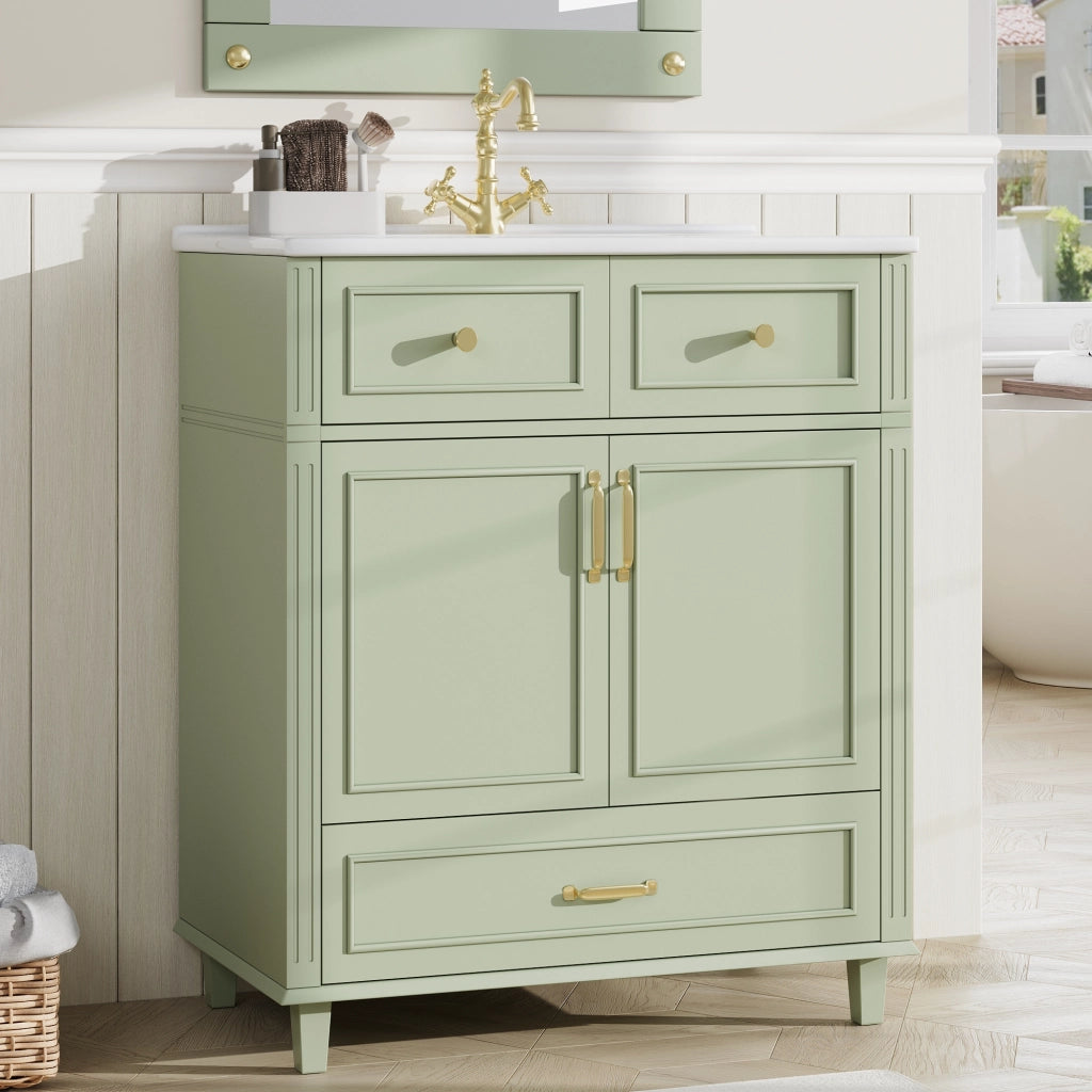 Mobile Sottolavabo con Lavabo in Ceramica ¨C MINIMAL ¨C Cassetto Soft-Close, Verde, 81x45.5x86.5 cm