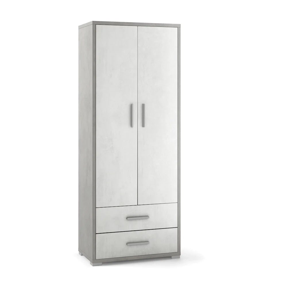 Armadio mobile 2 ante con 2 cassetti 71x41x182H cm in kit dal design elegante colore Ossido bianco e Grigio cemento