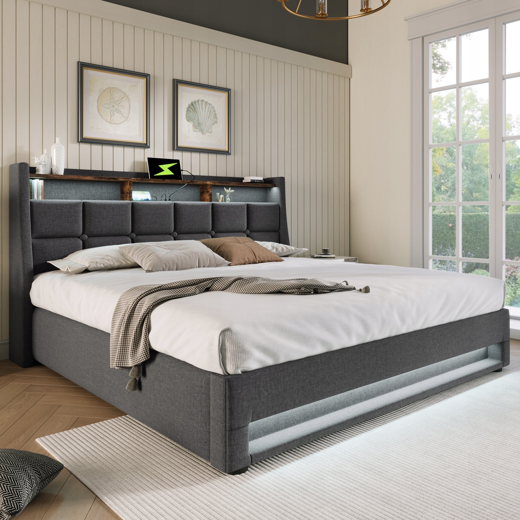 Letto imbottito 140x200 con LED e materasso in lino - Xylo