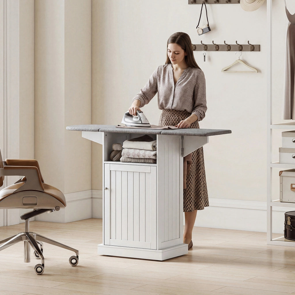 Mobile Asse da Stiro Pieghevole 121x37x89 cm a Rotelle con Ripiano Aperto e Armadietto in MDF Bianco e Grigio