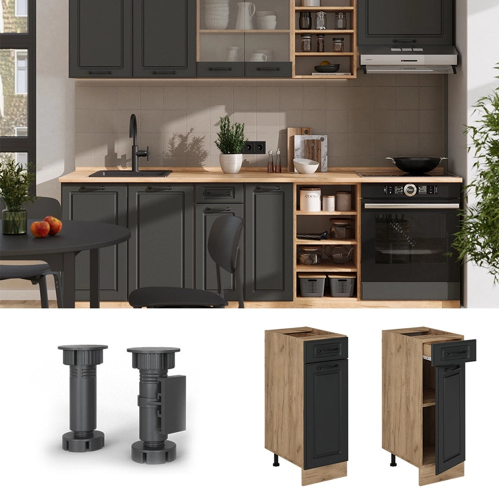 Mobiletto base per cucina R-Line Antracite rustico/Rovere dorato 30 cm senza piano di lavoro Vicco