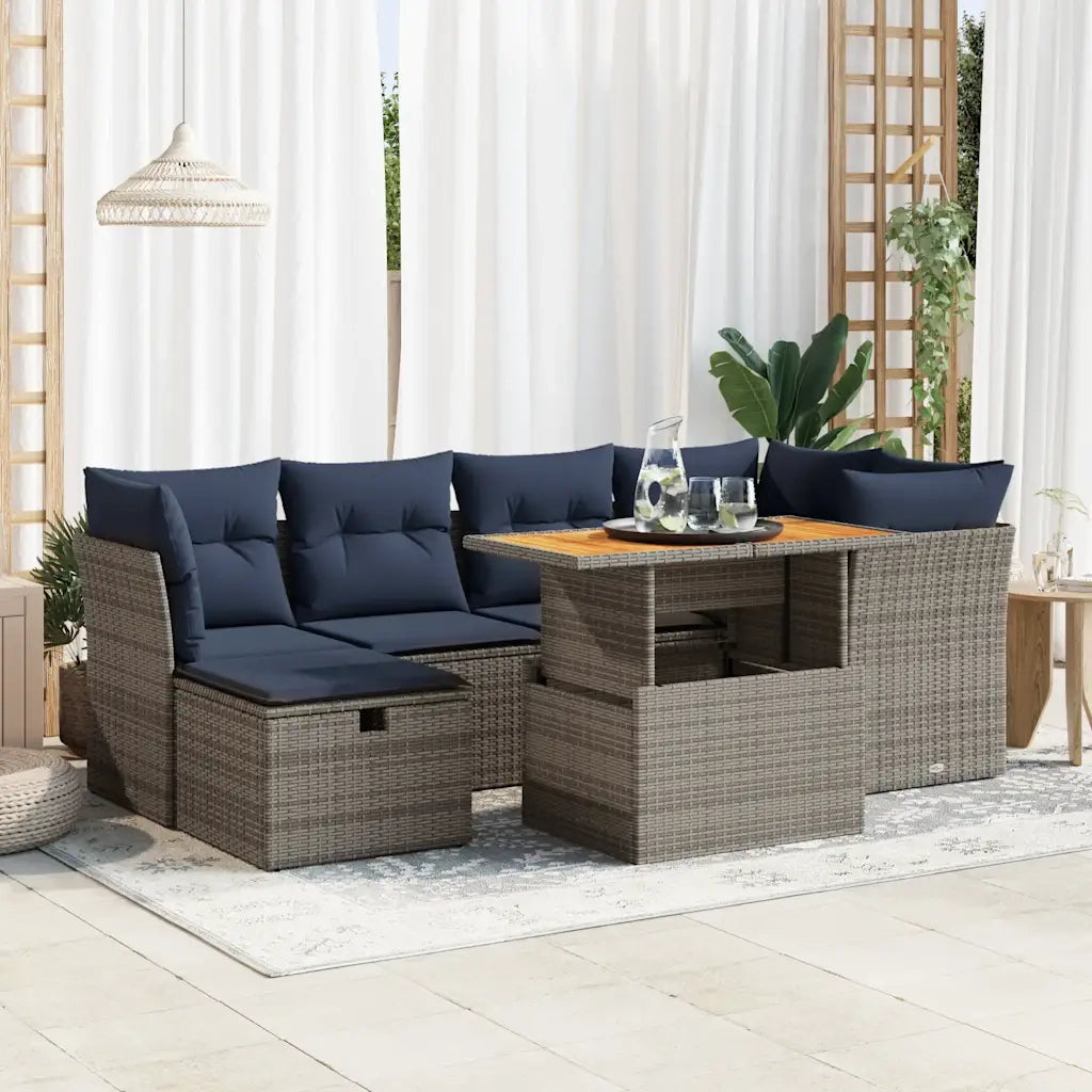 Set Divani da Giardino con Cuscini 7pz Nero Polyrattan Acacia 3327978