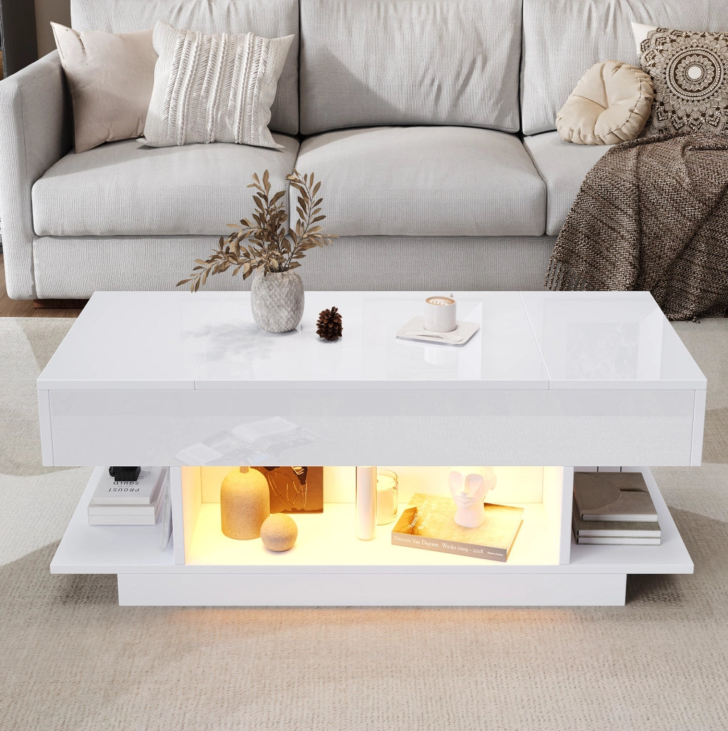Tavolino elevabile bianco con luci LED e contenitore
