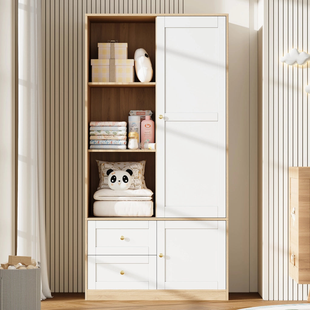 Armadio con porta scorrevole, struttura semiaperta con asta appendiabiti e 2 cassetti, 90×50×180 cm, MDF, Naturale/Bianco