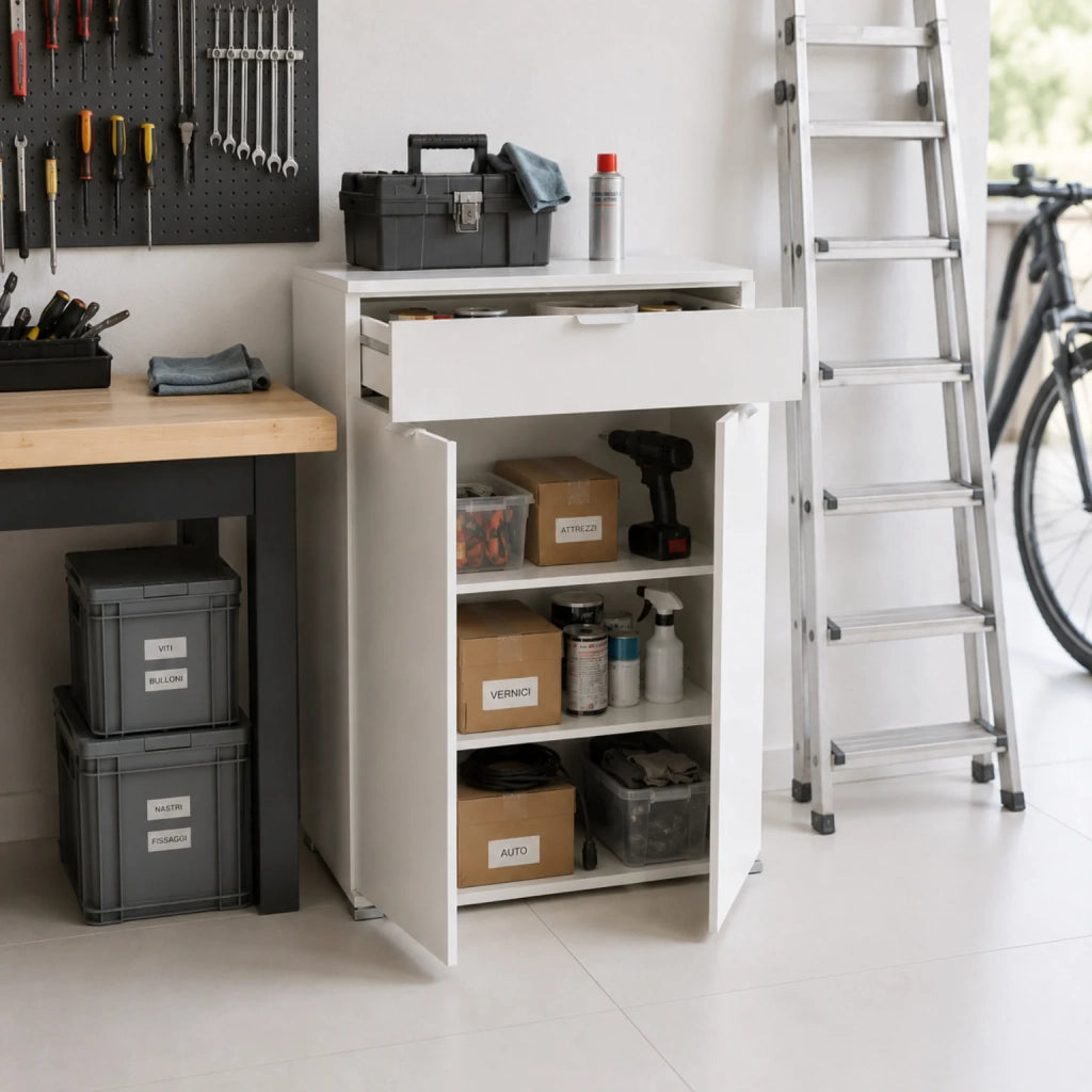 Mobile Bagno 2 Ante con Cassetto Bianco | Armadietto Multiuso Salvaspazio 75x105x38 cm | Mobile Lavanderia e Cucina con Struttura Rinforzata e Ripiani Regolabili