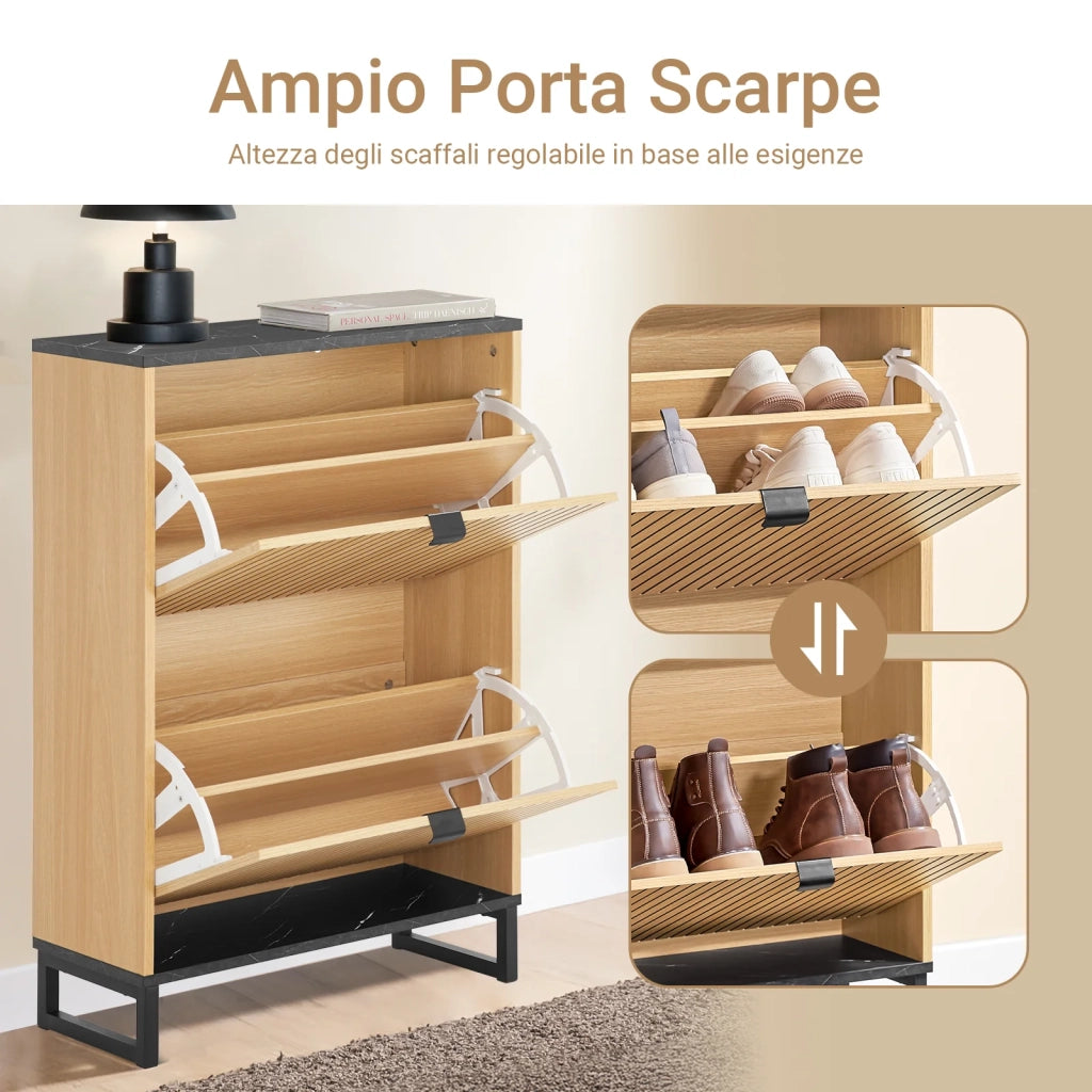 SoBuy Scarpiera Salvaspazio Slim a 2 Ante - Mobile Ingresso Moderno per Scarpe - Mobile Scarpiera da 8-12 Paia, con Struttura Resistente, Effetto Marmo Nero e Legno Chiaro, 60x24x88cm, FSR202-N