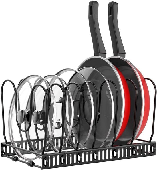 Sostegno per contenitore della porta, supporto estensibile per coperchio con 7 distributori regolabili, organizzatore di coperchio per contenitore da cucina, nero