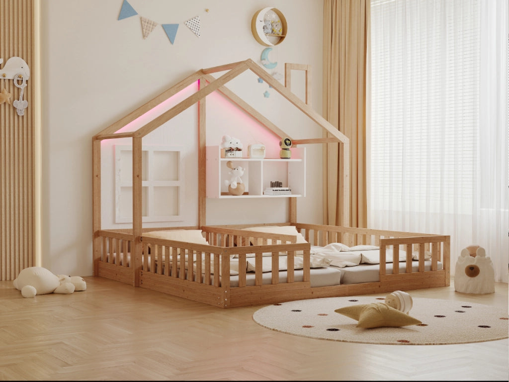 Letto per bambini a forma di casa con LED e doghe, 90x200 cm, legno
