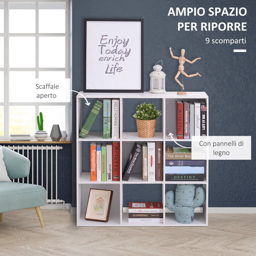 EasyComfort Libreria Bianca per Casa e Ufficio, Scaffale dal Design Moderno con 9 Scomparti in Legno, 91x29.5x91cm
