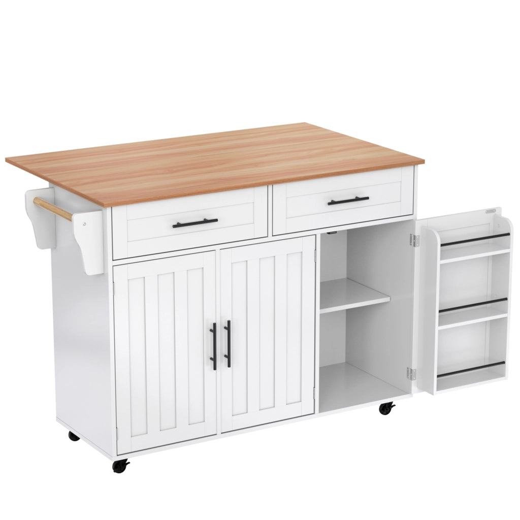 Isola da Cucina Mobile 129x46/71x91;5 cm Bianca con Piano Effetto Marmo; 2 Cassetti; Ripiani e Ruote