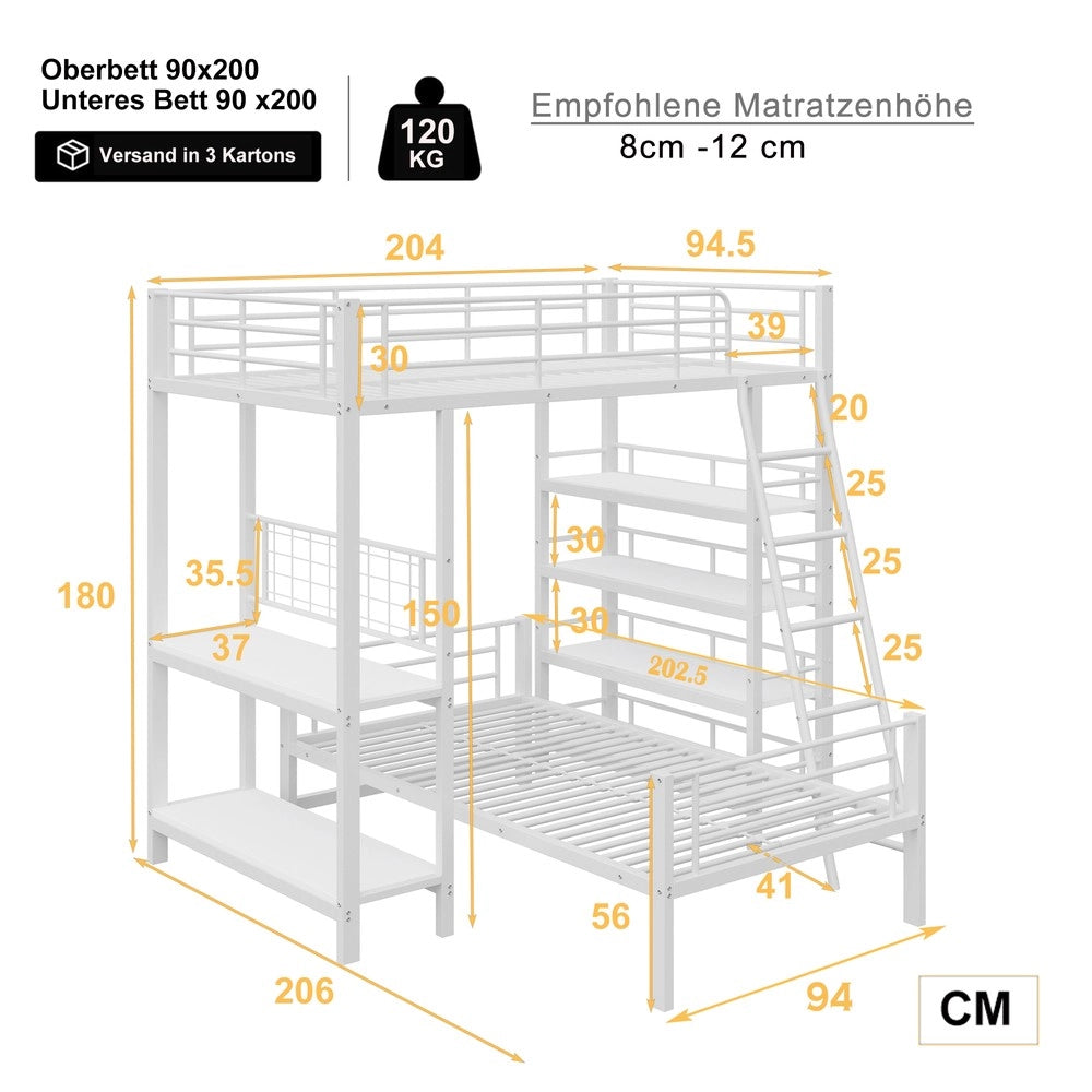 Letto a Castello in Metallo con Ripiani ¨C MINIMAL ¨C Bianco 90x200