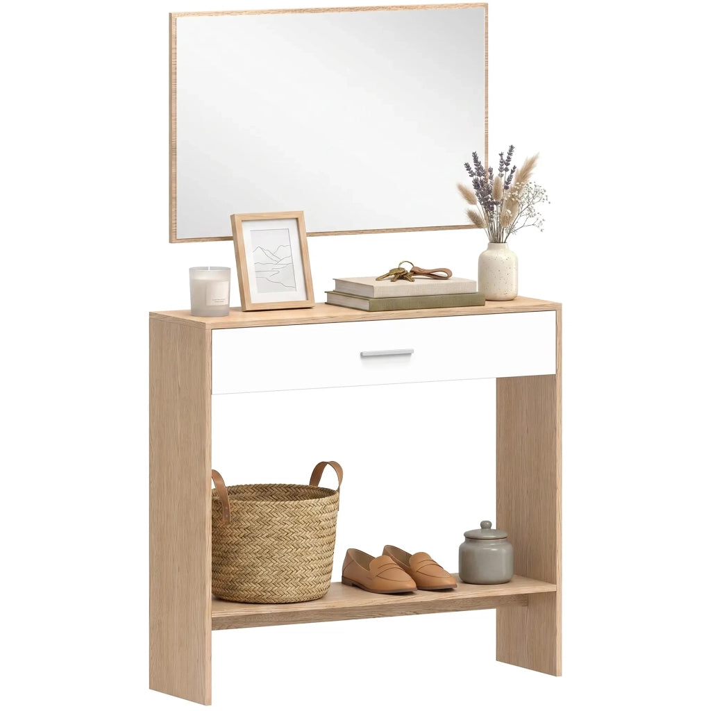 Consolle da ingresso con specchio da parete; cassetto e ripiano; MDF; naturale