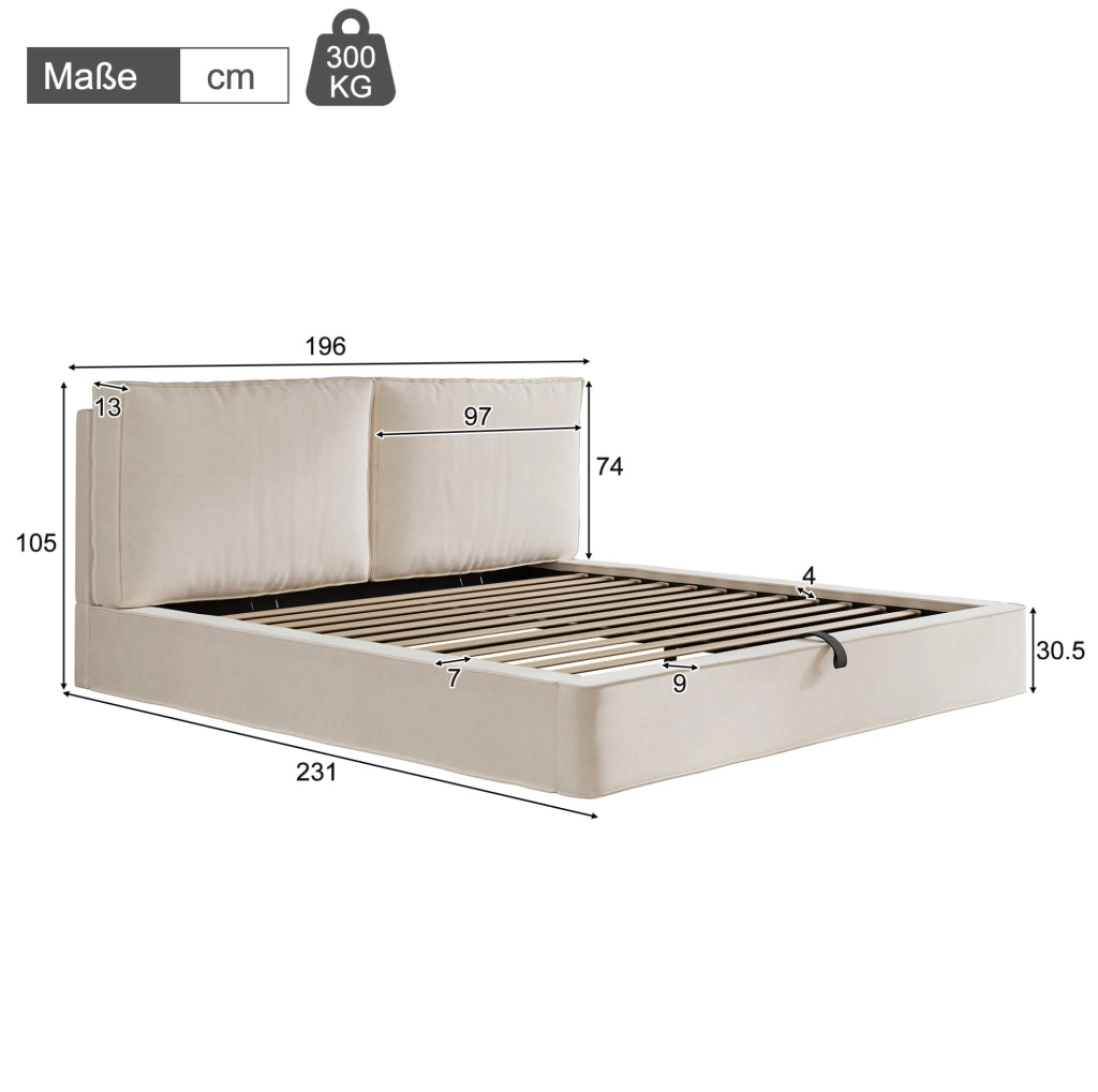 Letto matrimoniale imbottito 180x200 cm con contenitore idraulico; velluto beige; rete inclusa