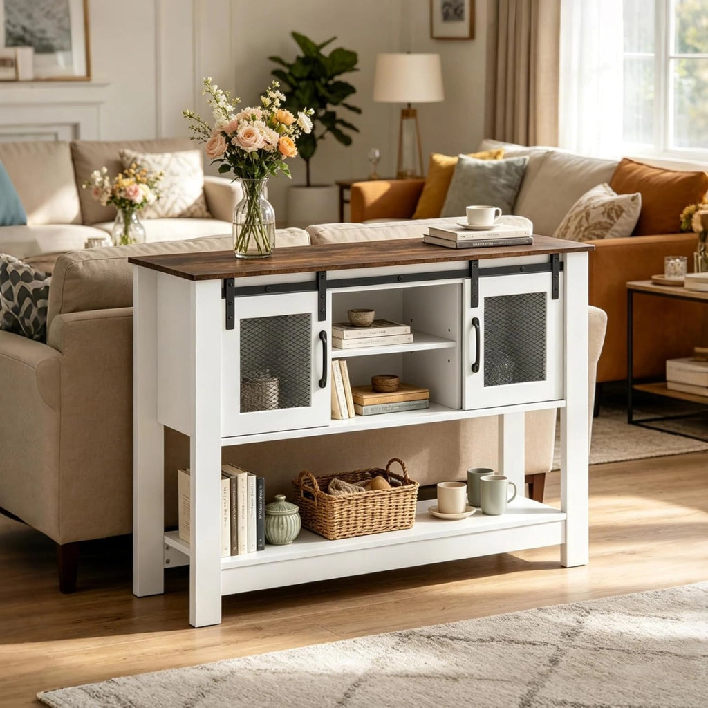 Credenza Cucina Buffet, Mobiletto Dispensa Cucina con 2 Armadietti, Contenitore Aperto, Ripiano, Rustico, Salvaspazio, Legno, per Soggiorno, Sala da Pranzo, Corridoio, 102 X 32 X 82 CM, Bianco