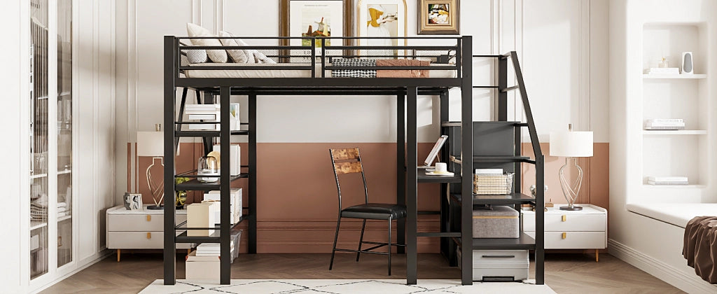 DESMIU Letto a Soppalco 2 Posti con Scrivania, Armadio, 3 Ripiani e Scala Contenitore 140 × 200 cm Senza Materasso