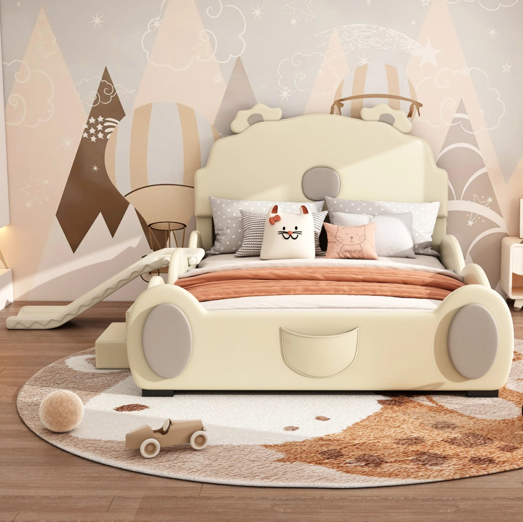 LETTO per bambini 140x200 cm PU Beige con scivolo e scala
