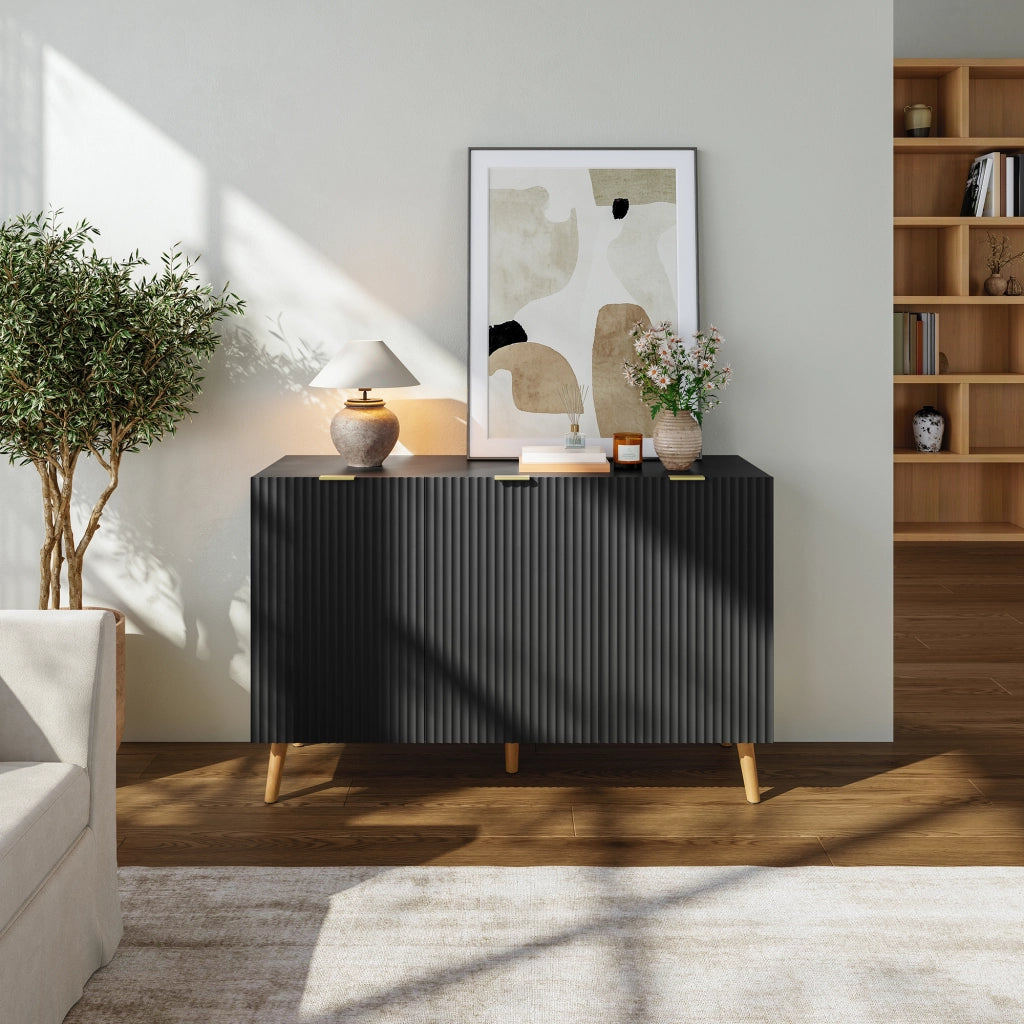 Credenza Nand Madia con 3 Ante Scanalate 120x40x76 cm Nero [en.casa]