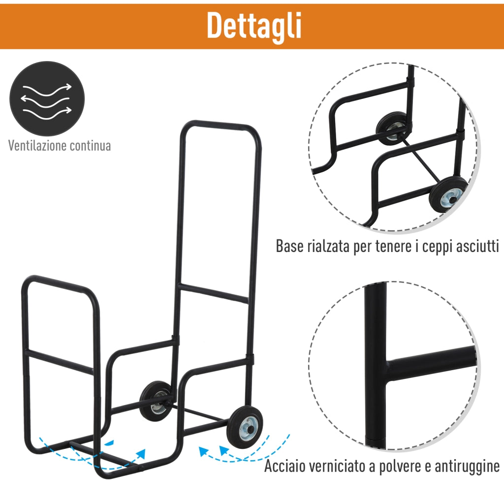 Easycomfort Carrello Portalegna in Metallo Nero con 2 Ruote per Interno ed Esterno, Max. 30kg, 56x40x90.5cm