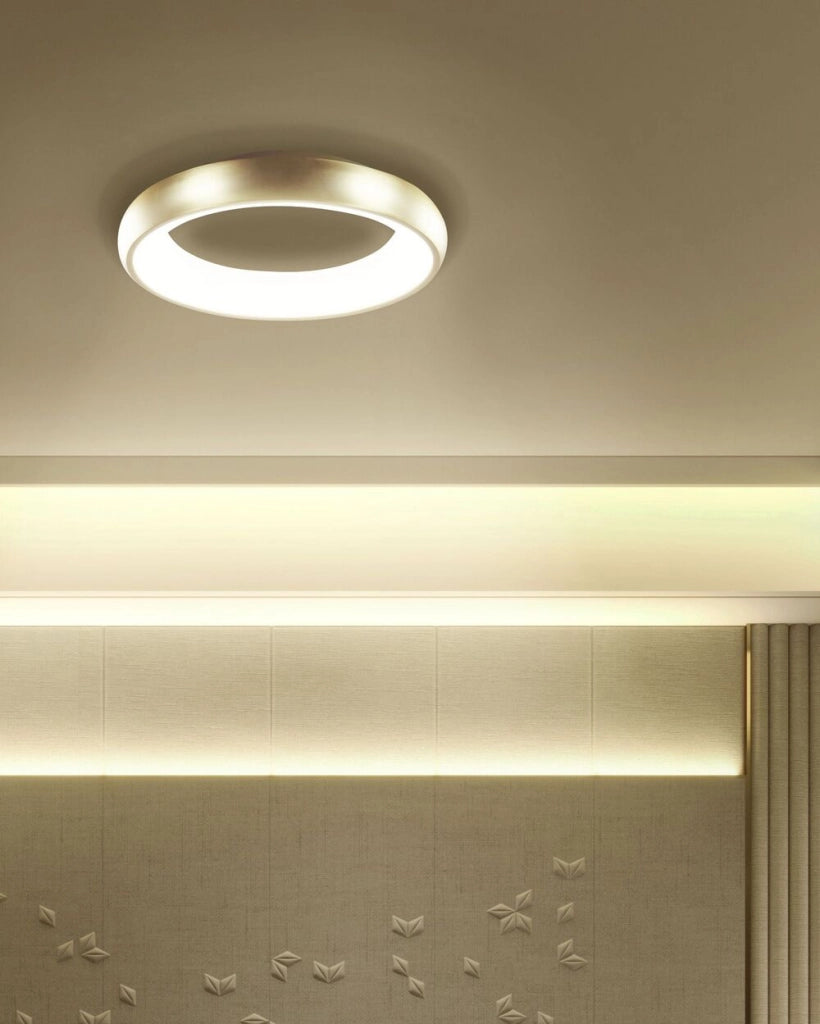 Lampada da soffitto in acciaio sintetico dorato integrato con luci a LED di forma rotonda plafoniera moderna illuminazione