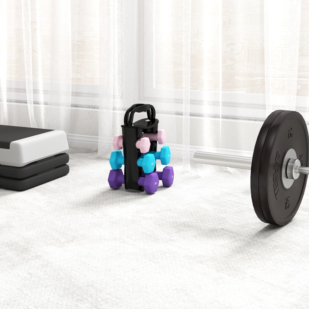 Set 6 Manubri Pesi (2x1 kg, 2x2 kg, 2x3 kg) da 12 kg con Supporto/Kettlebell, in Metallo e PP Rosa, Azzurro e Viola