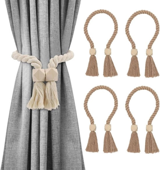 Set di cordoni per tende in legno - cordoni in cotone a mano - cordoni per tende multifunzionali con piume - adatti per tende da cucina, decorazioni