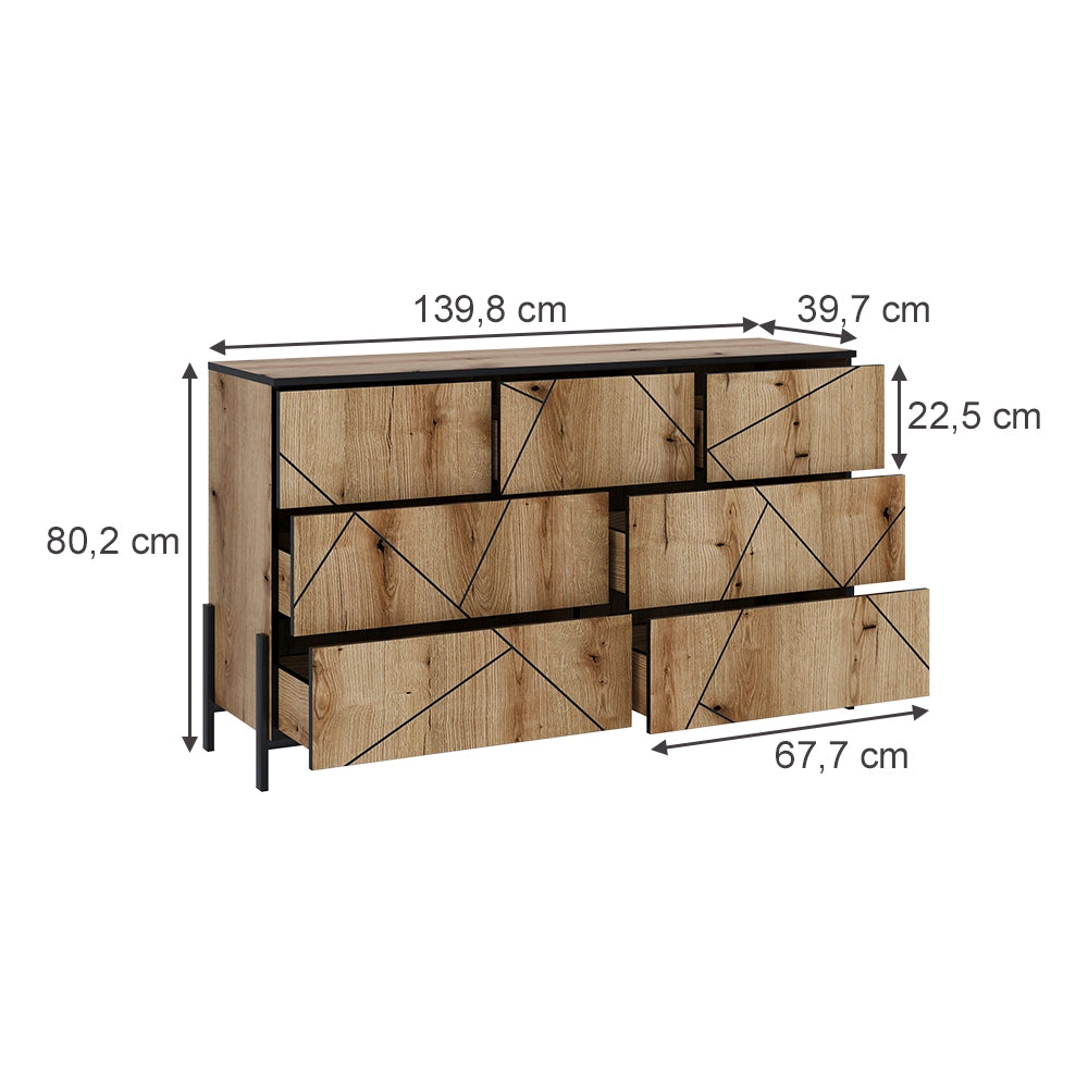 Vicco Cassettiera per camera da letto Rovere 139.8 x 80.2 cm con 7 cassetti