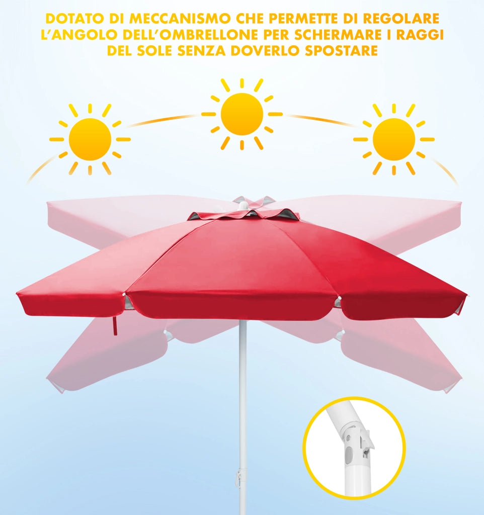 Ombrellone Da Spiaggia Grande Antivento 2.20 Metri Portatile Struttura In Acciaio A 8 Stecche Pieghevole Reclinabile Regolabile Altezza Puntale A Vite Resistente Uv Con Custodia A Tracolla Mare Campeggio Prato  Rosso