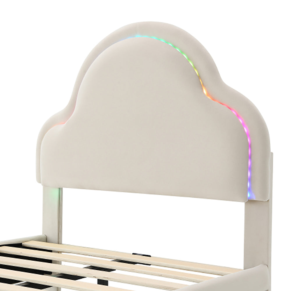 Letto singolo imbottito con strisce LED - Xylo - 90x200 cm - Velluto beige - Doghe in legno