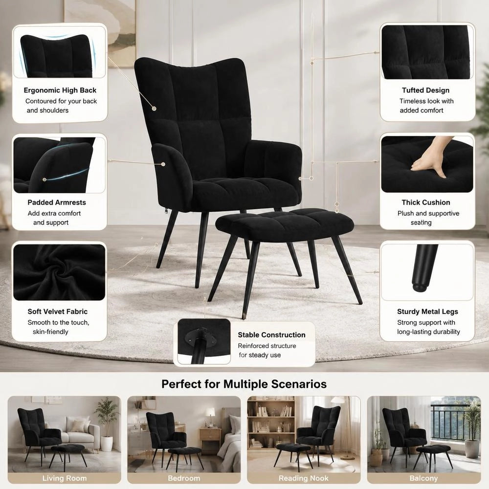 Reclining Armchair With Footstool, Black Velvet