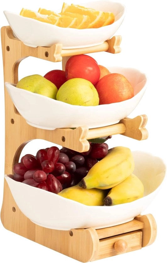 Fruitiera con più livelli, con stantuffo in legno, per decorazione di cucina, verdure, frutta, snack, 3 livelli
