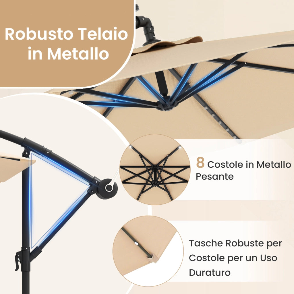 Ombrellone da 300 cm con supporto e luci LED, ombrellone a braccio con manovella, ombrellone da giardino, protezione UV, ombrellone da mercato, ombrellone da patio per giardino, piscina, terrazzo, beige