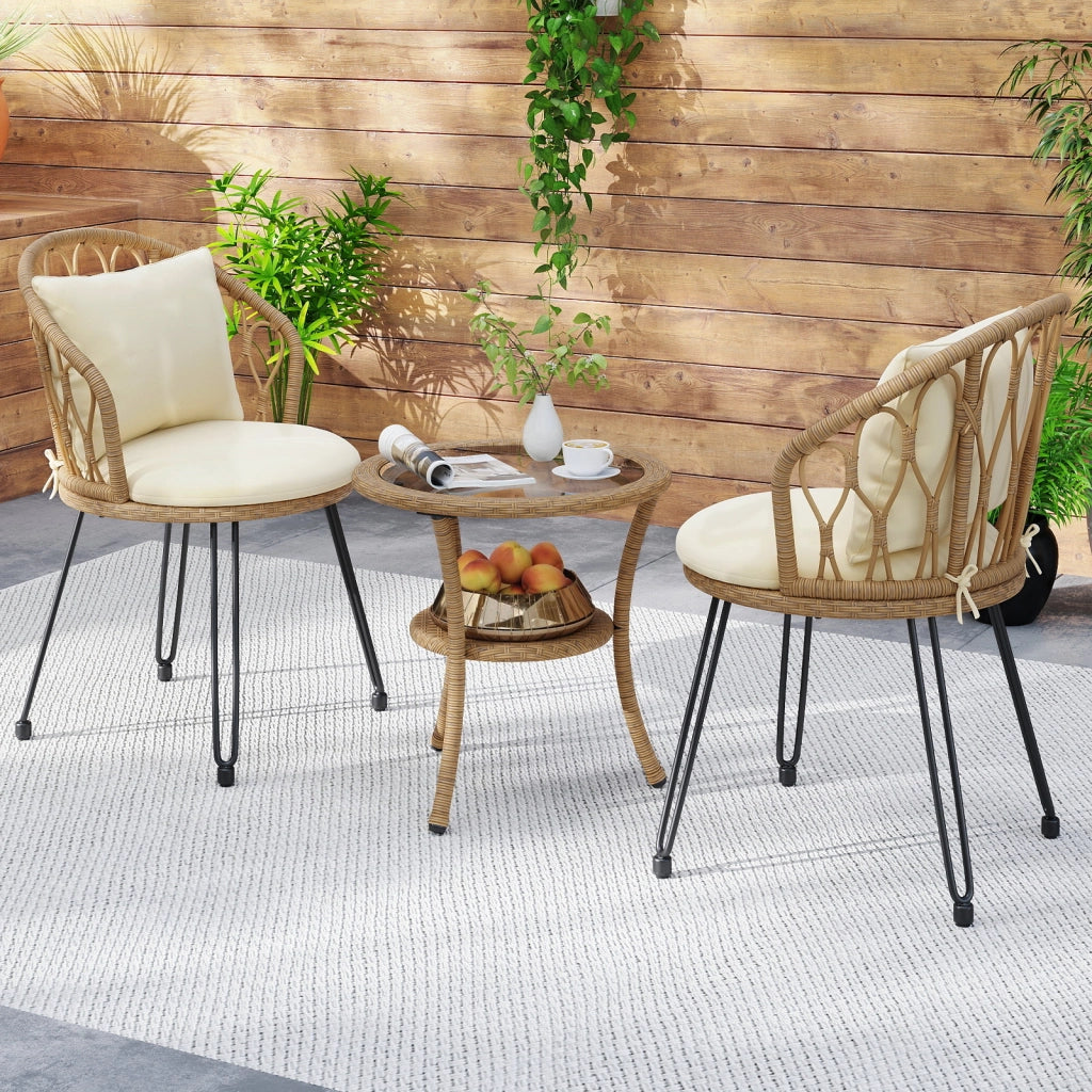 Set bistrò pe rattan 3 pz cuscini tavolino vetro temperato-Set conversazione 2 livelli sedie rattan mobili esterni balcone terrazza giardino