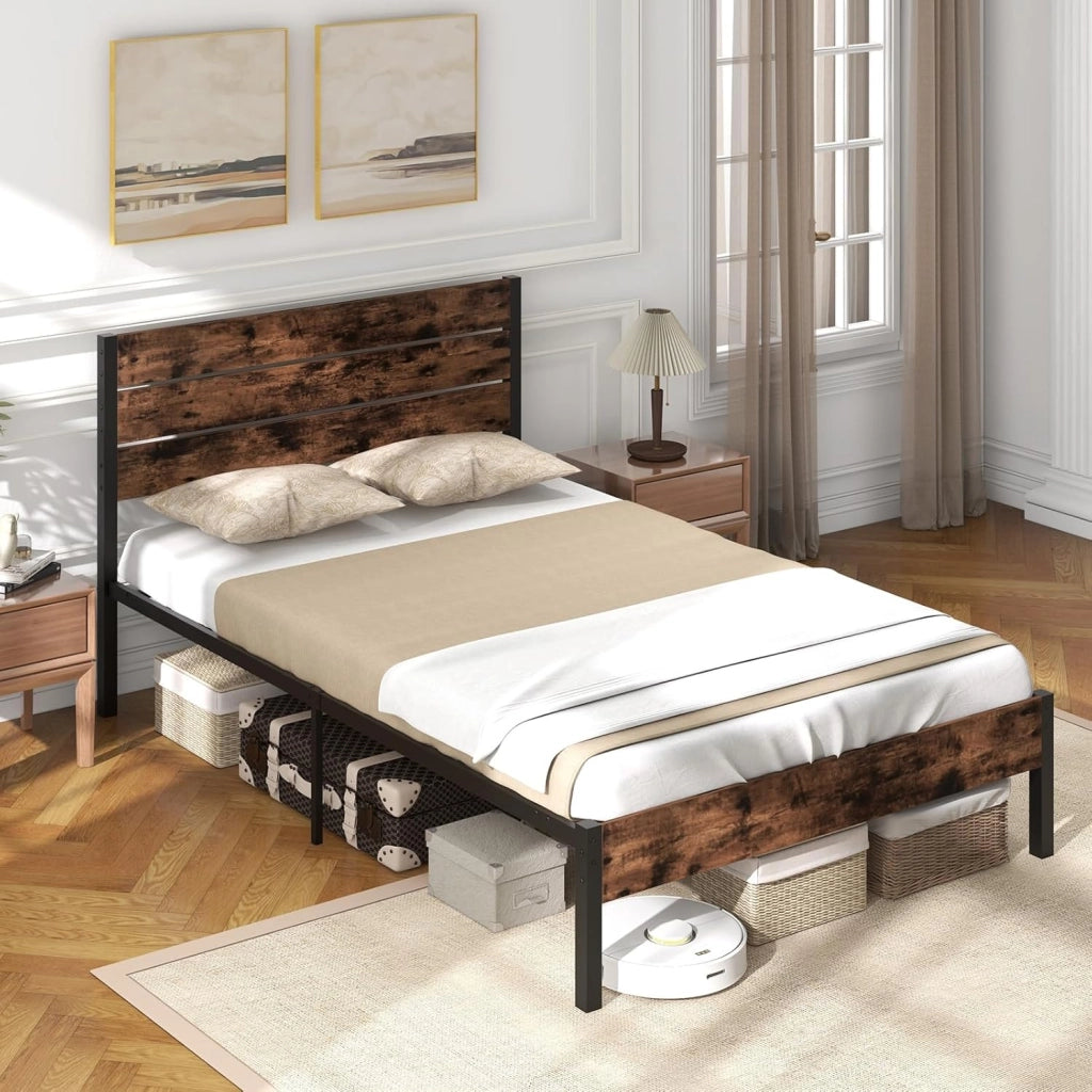 Struttura Letto Matrimoniale 200X140 cm, Letto a Piattaforma in Metallo con Testiera Alta, Doghe in Metallo e Barra Silenziosa, Carico Massimo 500 kg