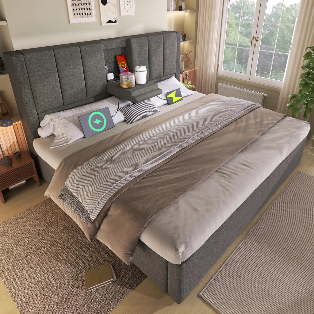 Letto imbottito di dimensioni 160x200 cm con sistema di carico idraulico e lenzuola grigie