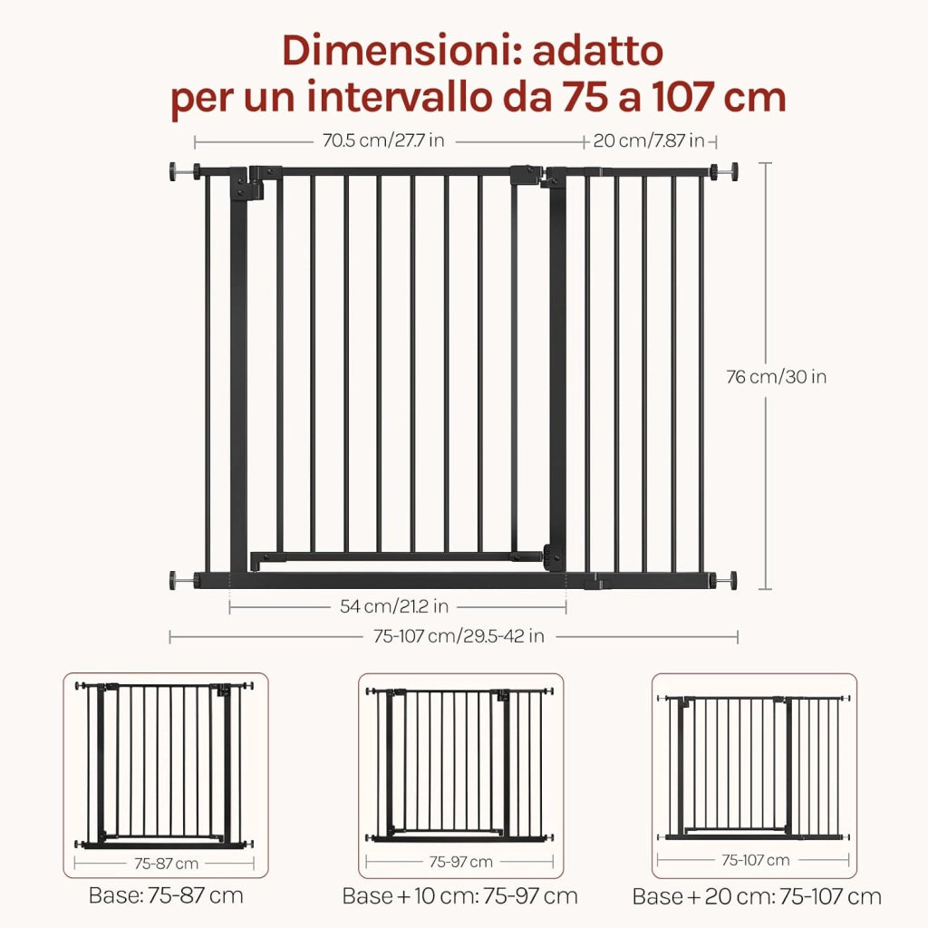 Cancelletto per Bambini in Metallo, Cancello per Scale e Porte 75-107 cm, per Cani, Apertura Bidirezionale, Chiusura Doppia, Montaggio con o senza Fori, Bianco