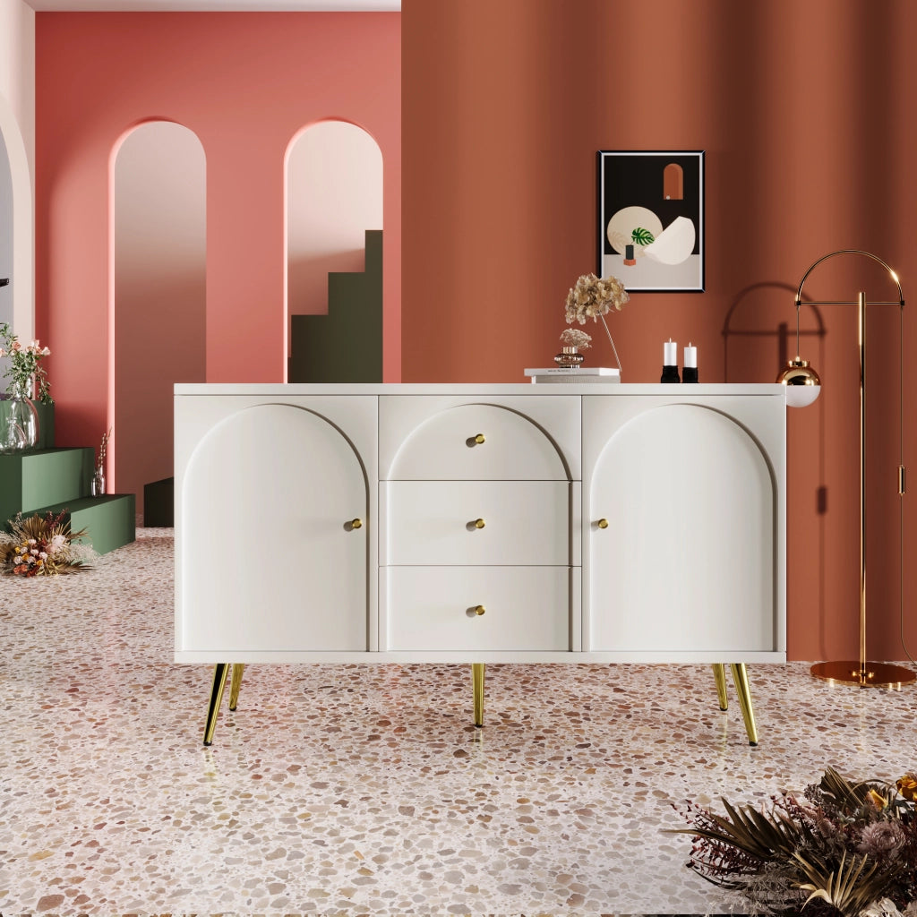 OKWISH Cassettiera con 2 Ante e 3 Cassetti, Ripiano Regolabile, Piede Regolabile, per Camera, Legno, Crema, 140 x 40 x 84 cm