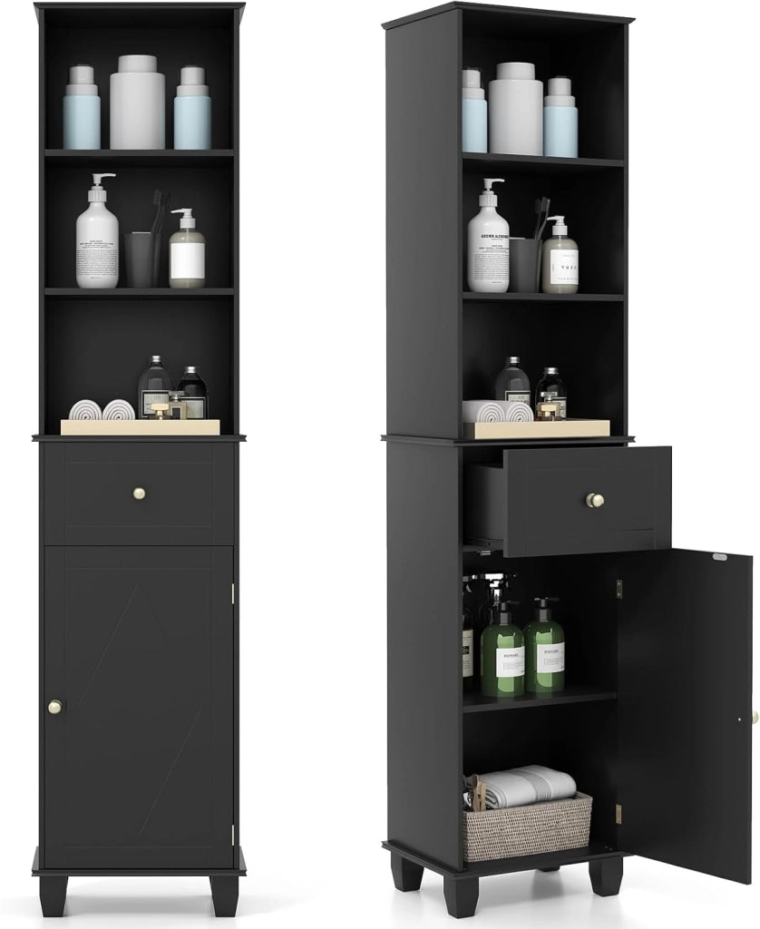 Mobile Bagno Alto 172 cm, Mobiletto Stretto da Pavimento con 3 Ripiani Aperti, 1 Cassetto, 1 Anta e Ripiano Regolabile, Armadietto Salvaspazio Indipendente per Cucina e Soggiorno (Grigio)