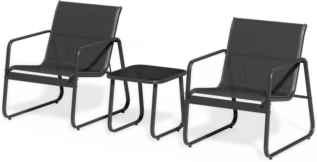 Set Mobili da Giardino 3 Pezzi - Salottino da Esterno con 2 Poltrone Ergonomiche e 1 Tavolino in Vetro Temperato - Set Bistro in Metallo e Textilene Traspirante per Balcone, Terrazzo e Patio