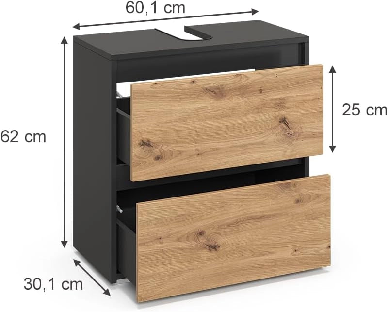 Mobile sottolavabo per bagno Majest, Antracite/Artisan, 60.1 x 62 cm con 2 cassetti