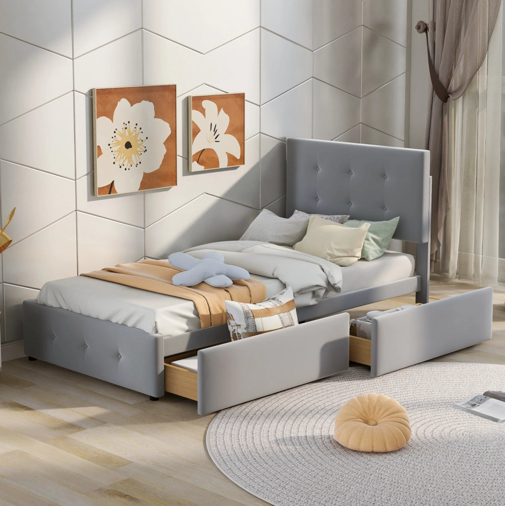 Letto imbottito 90x200 cm con testiera; 1 cassetto e rete a doghe; grigio