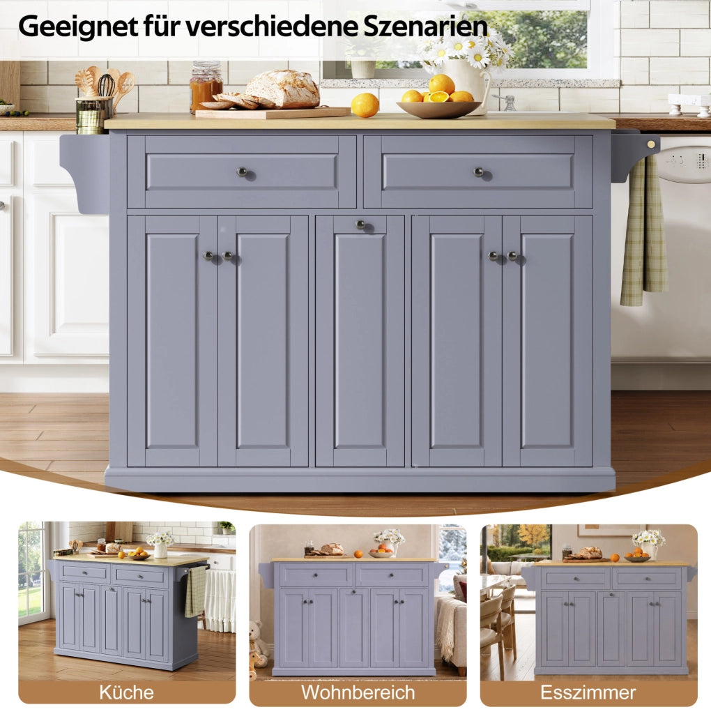 Isola da cucina mobile con piano ribaltabile, MDF, naturale e grigio