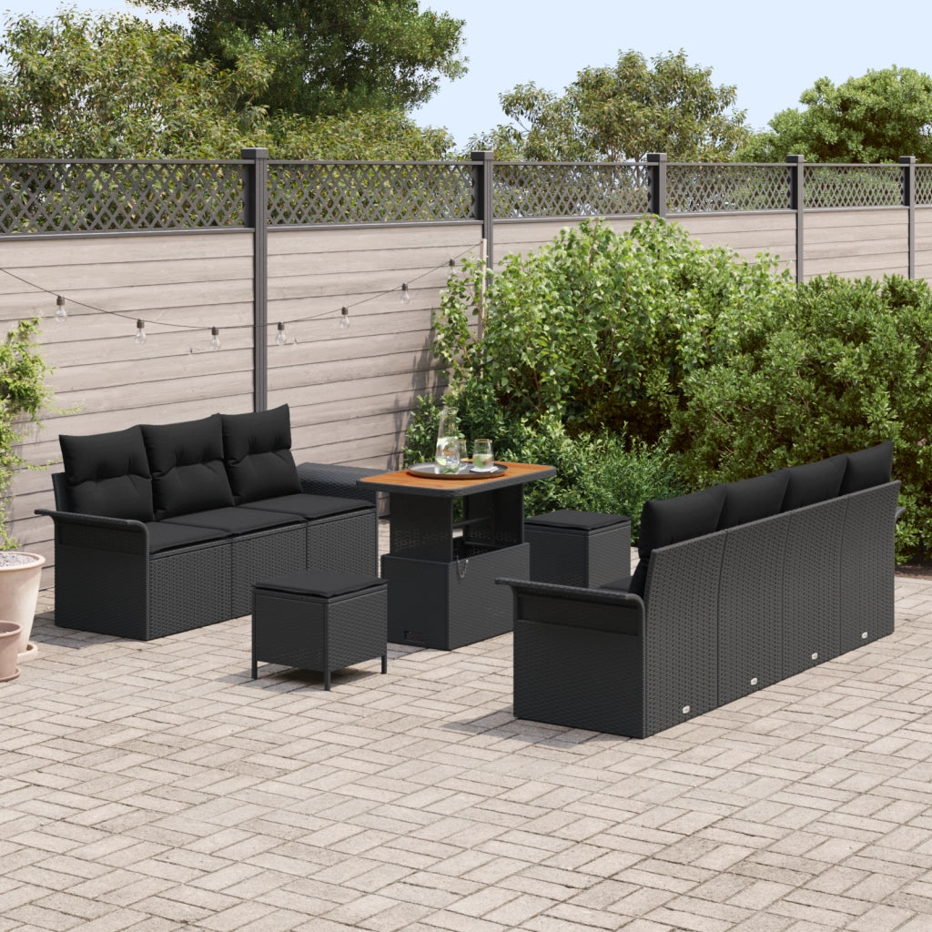 Set Divano da Giardino 10 Pezzi con Cuscini Nero Rattan Polimerico Acacia