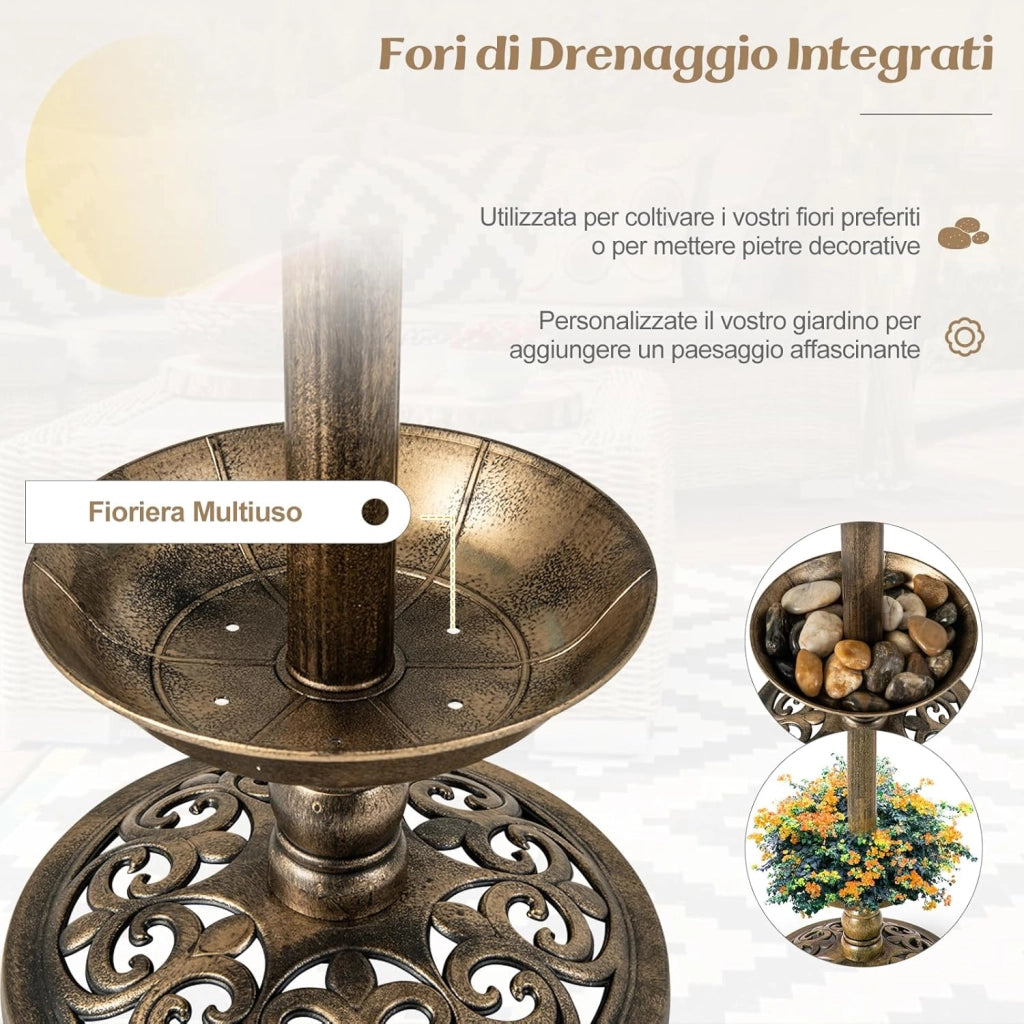 Vasca per Uccelli da Giardino a Energia Solare, Abbeveratoio e Mangiatoia per Uccelli da Esterno con 2 Lampade a Energia Solare, Fioriera e Supporto Riempibile(Bronzo Antico, 43 x 43 x 110 cm)