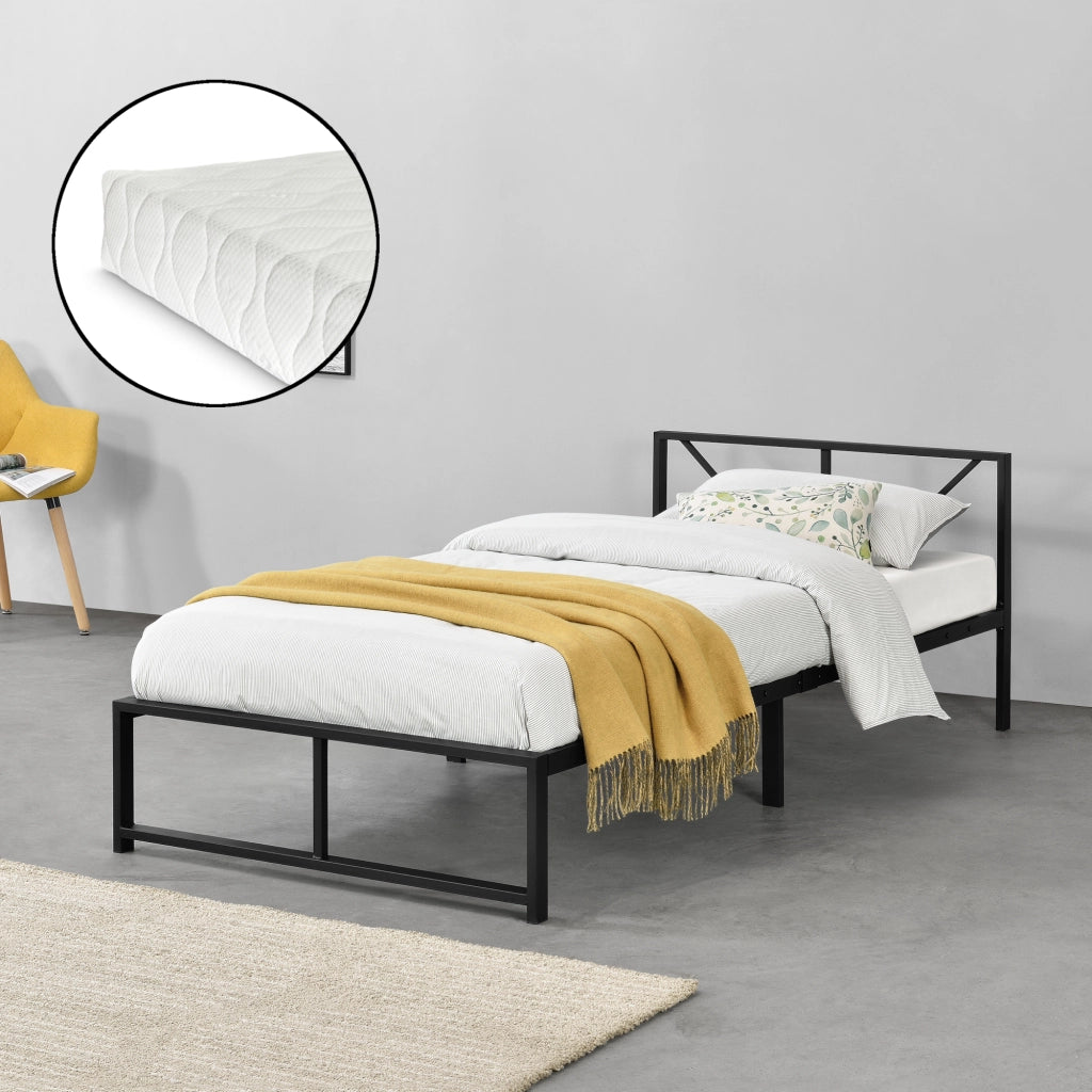 Letto in Metallo con Materasso a Schiuma Fredda 90 x 200 cm Letto Singolo con Testiera Decorativa Letto in Stile Classico/Moderno - Nero