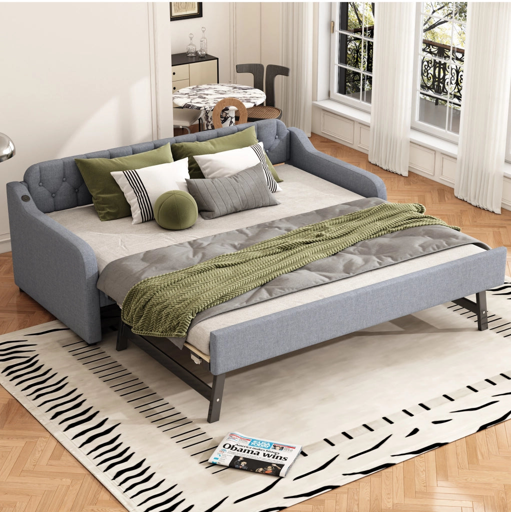 Divano letto 90x200 cm con letto estraibile; lino; grigio