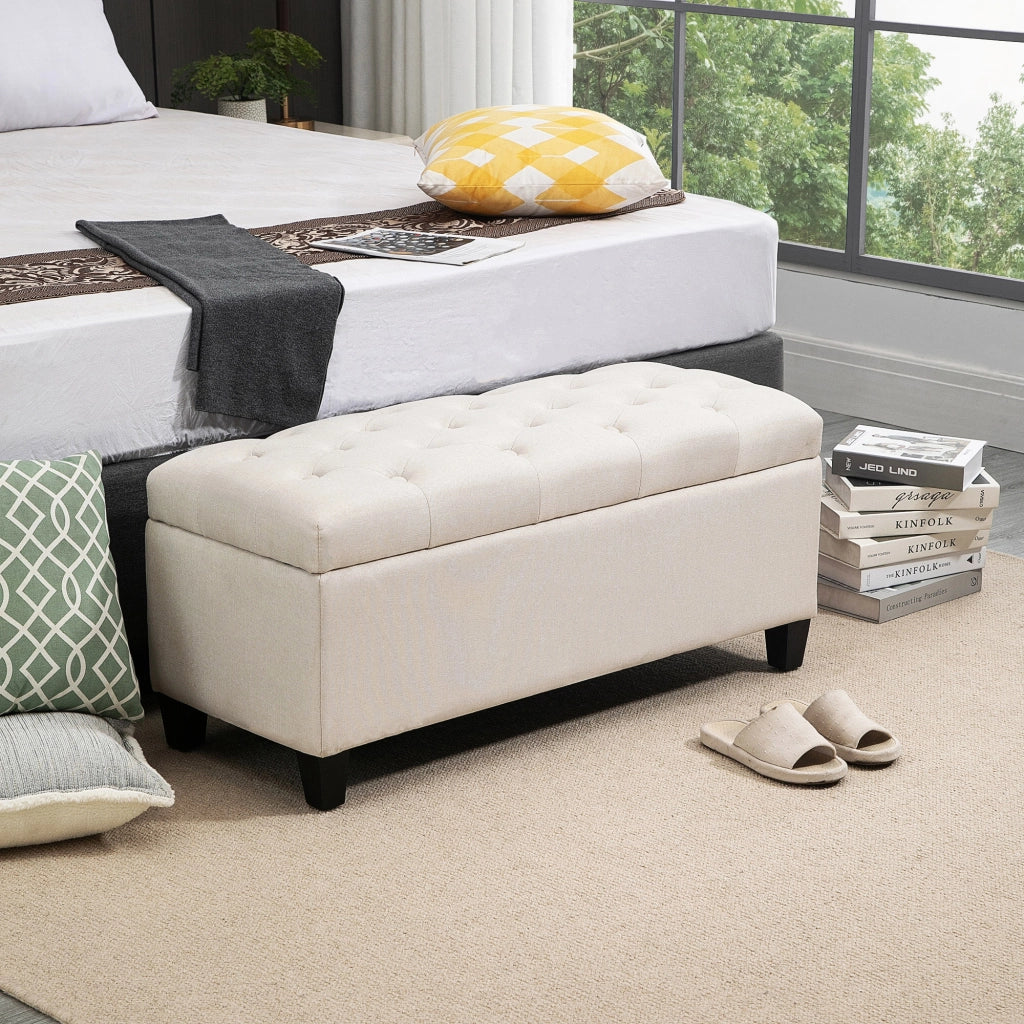 Panca imbottita con contenitore 100 x 40 x 44 cm, crema bianco, in poliestere con gambe in legno di caucciù