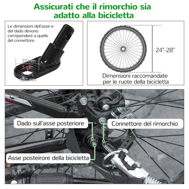 RIMORCHIO BICI E PASSEGGINO PER CANI 2 IN 1 IN ACCIAIO E TESSUTO OXFORD CON CATARIFRANGENTI, VERDE