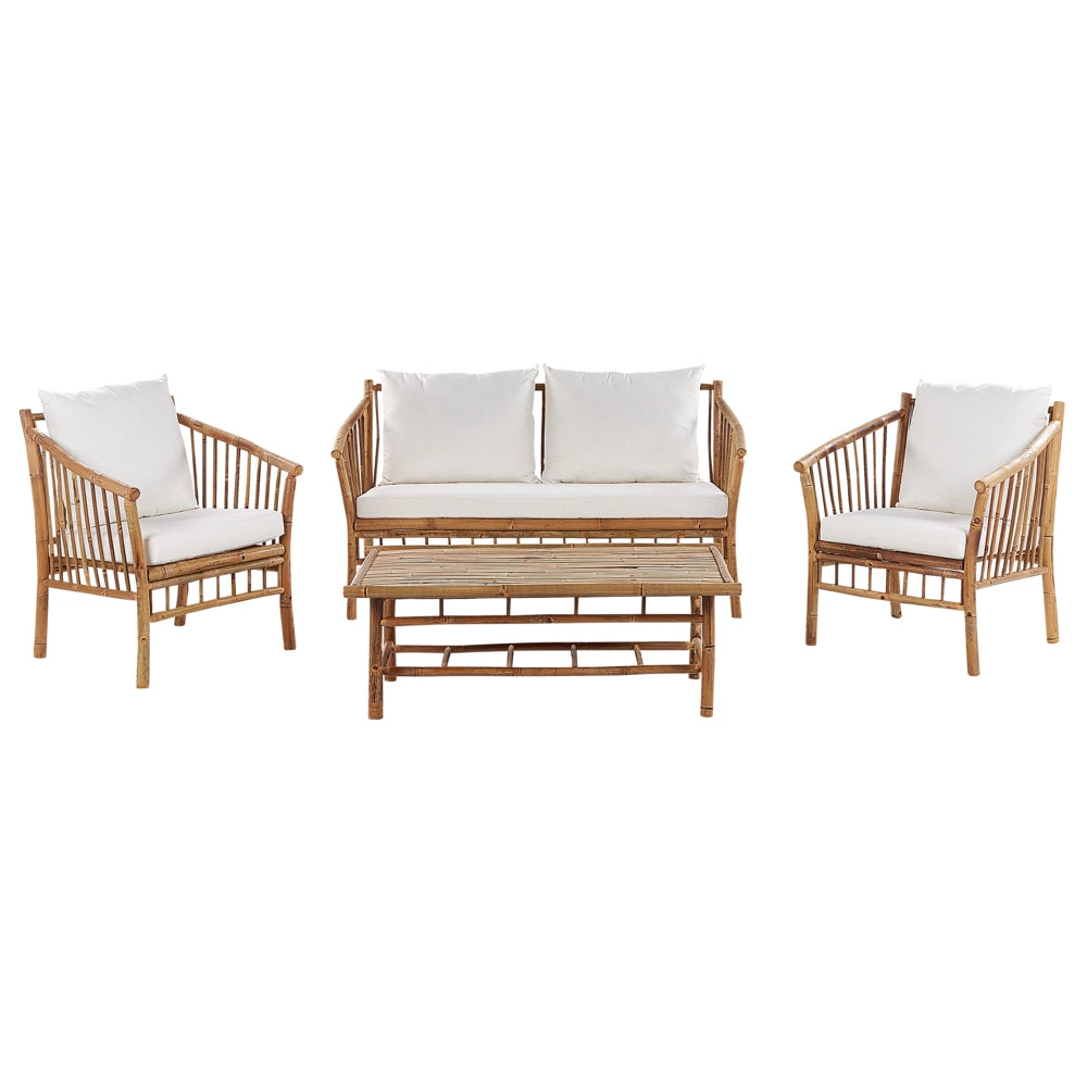 Set di divani da giardino in legno di bambù con cuscini bianchi 4 posti salotto moderno set di conversazione salottino per esterni