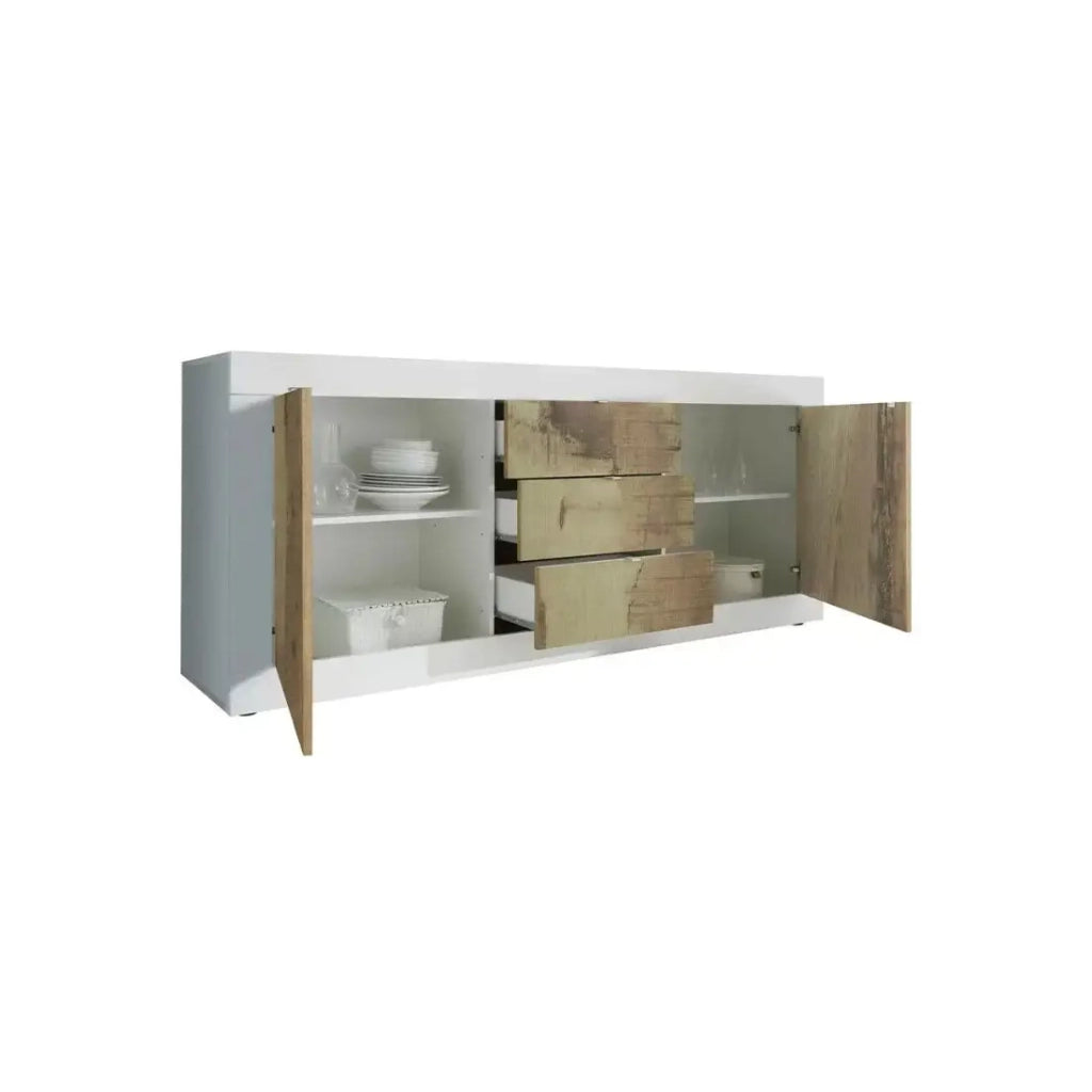 Buffet 2 porte e 3 cassetti, collezione ISORA, colori bianco e rovere chiaro